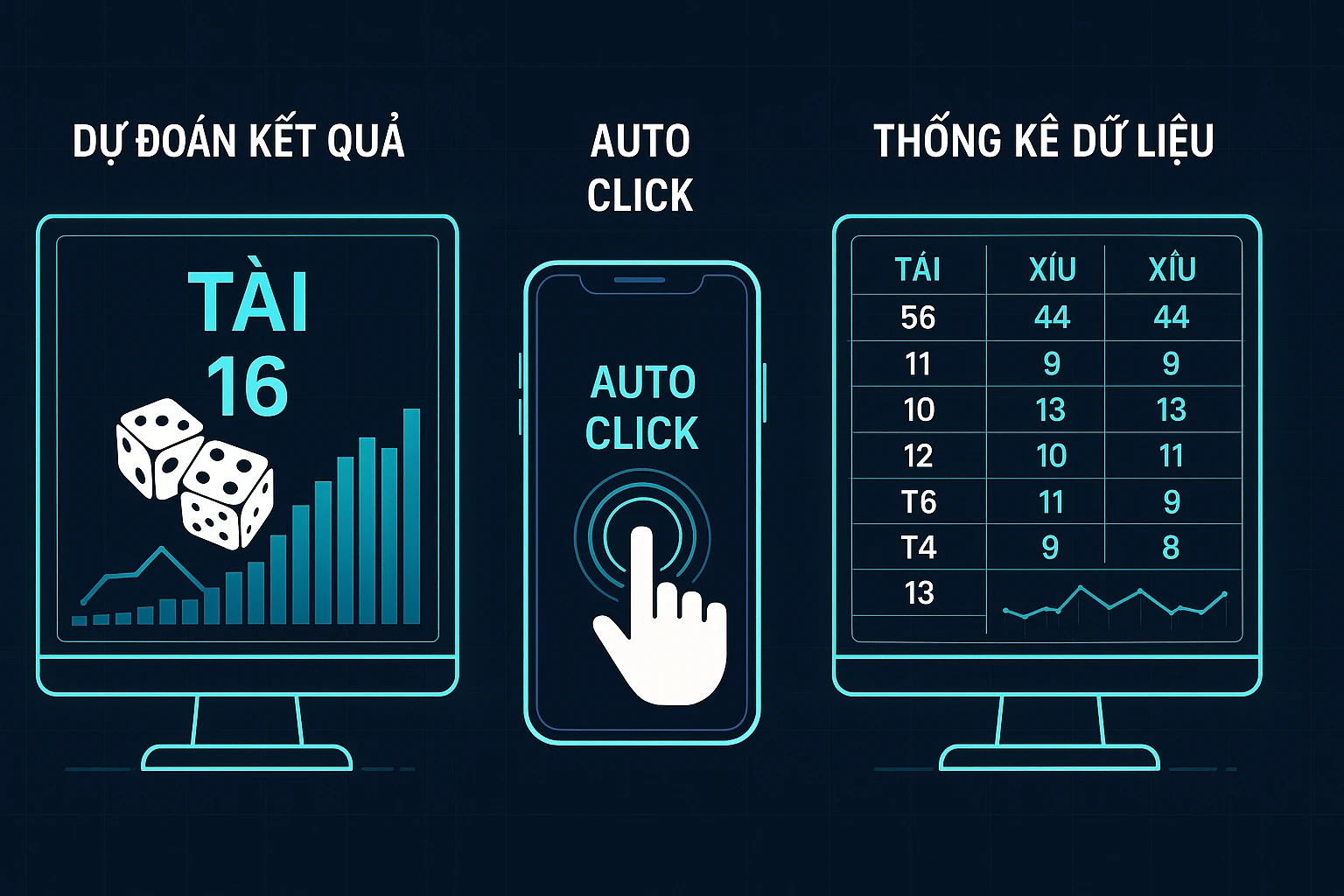 Hình ảnh minh họa ba nhóm tool tài xỉu: một màn hình hiển thị dự đoán kết quả với biểu đồ, một chiếc điện thoại đang chạy auto click, và một bảng...