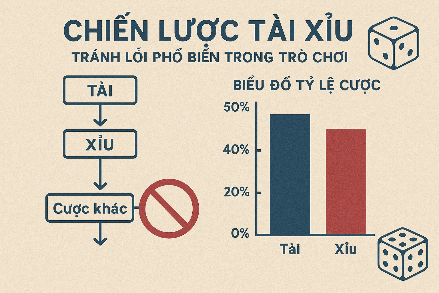 Ảnh minh họa bảng chiến lược tài xỉu với sơ đồ, biểu đồ tỷ lệ cược và các biểu tượng xúc xắc thể hiện cách tránh lỗi phổ biến trong trò chơi