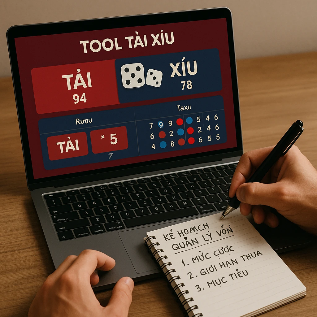 Hình ảnh minh họa một người chơi đang vừa sử dụng laptop để xem tool tài xỉu, vừa ghi chú kế hoạch quản lý vốn trên giấy, thể hiện sự kết hợp giữa...