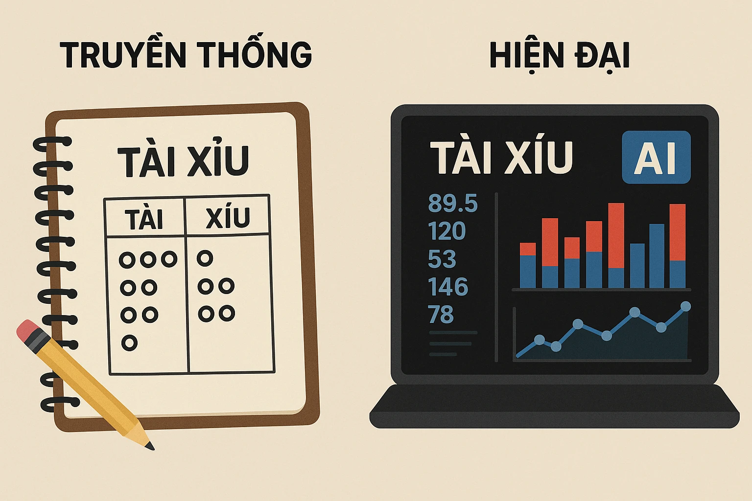 Hình minh họa so sánh giữa công cụ tài xỉu truyền thống (sổ ghi chép, bảng kết quả đơn giản) và công cụ hiện đại ứng dụng AI với dữ liệu số và biểu...