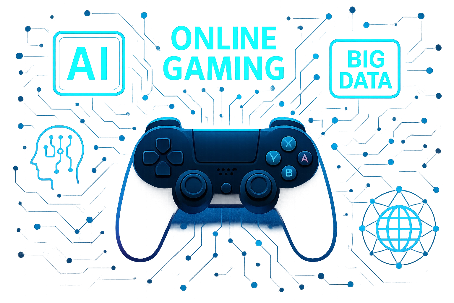 Ảnh minh họa về công nghệ hiện đại trong ngành game trực tuyến với các biểu tượng AI, Big Data, và mạng lưới kết nối số đang hoạt động