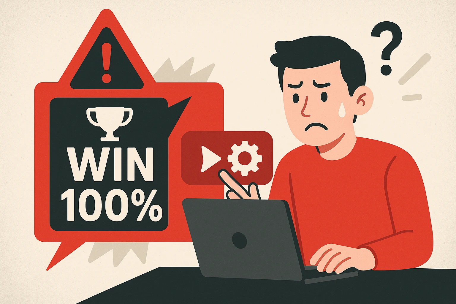 Hình minh họa một quảng cáo lừa đảo với lời hứa 'thắng 100%' cực kỳ phi thực tế, cạnh đó là cảnh người chơi bối rối trước yêu cầu chuyển tiền để...