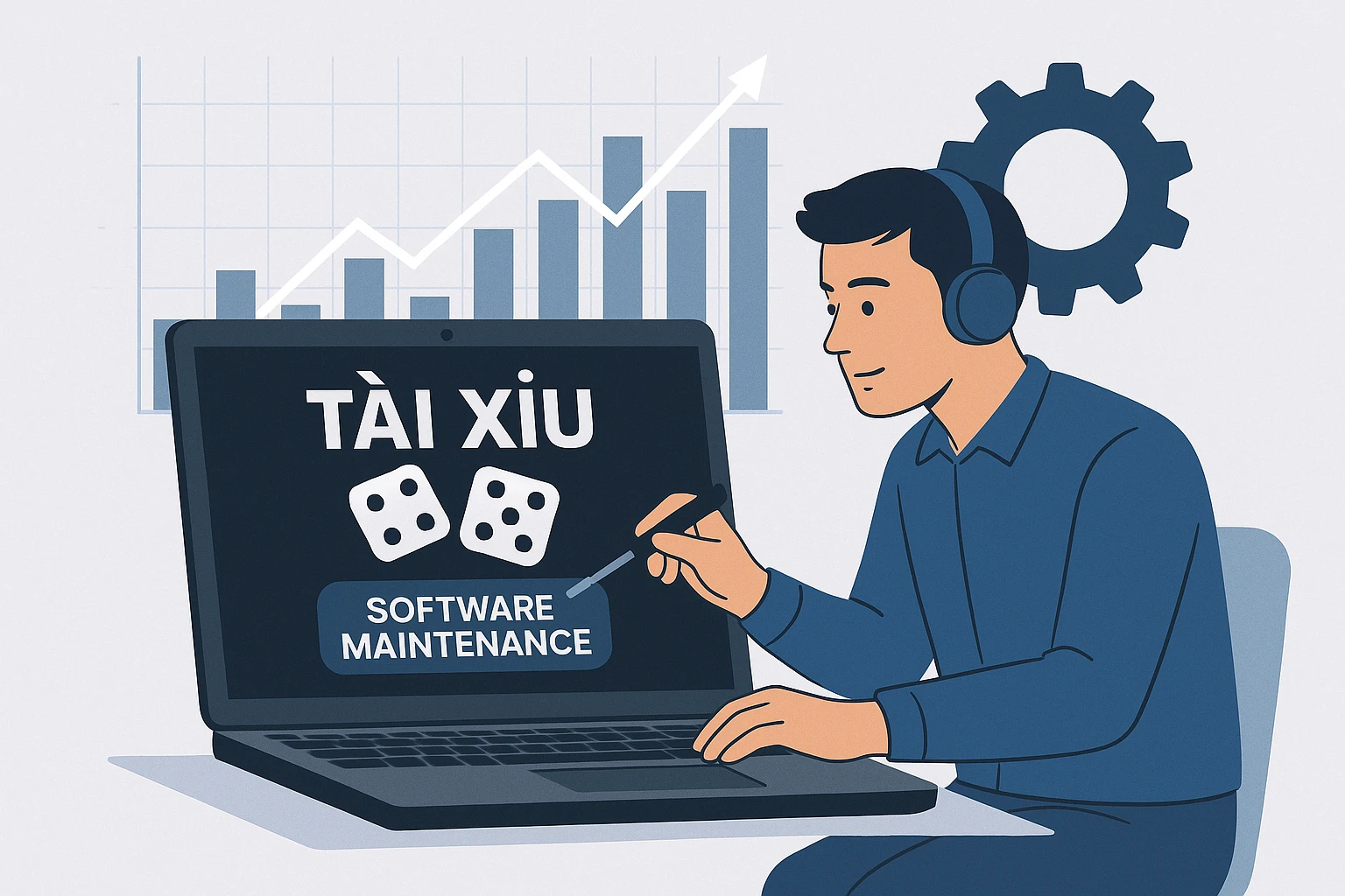 Hình ảnh minh họa kỹ thuật viên đang kiểm tra và bảo trì phần mềm tool tài xỉu trên laptop, với nền là biểu đồ số liệu và biểu tượng bánh răng...