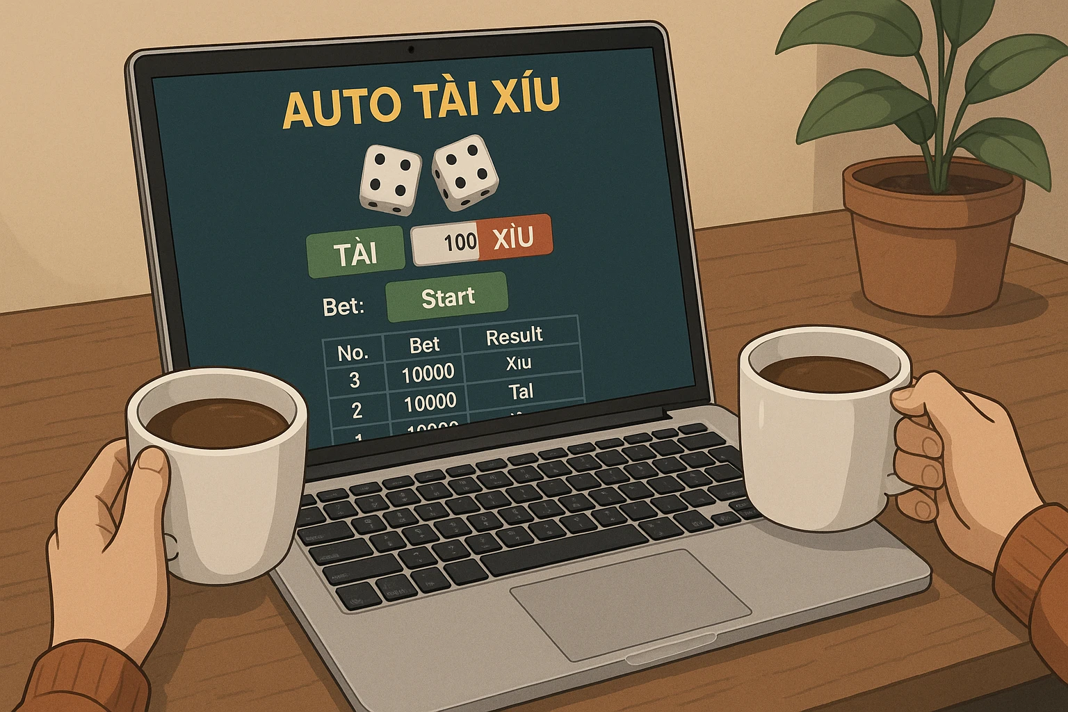 Ảnh minh họa người chơi đang ngồi thư giãn uống cà phê, trong khi trên laptop hiển thị giao diện phần mềm auto tài xỉu đang tự động đặt cược, thể...