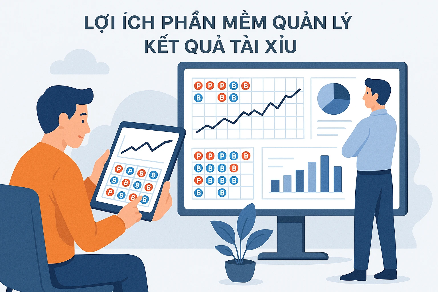 Hình minh họa lợi ích phần mềm quản lý kết quả tài xỉu, thể hiện cảnh người chơi sử dụng máy tính bảng xem thống kê kết quả, nhà quản lý theo dõi...