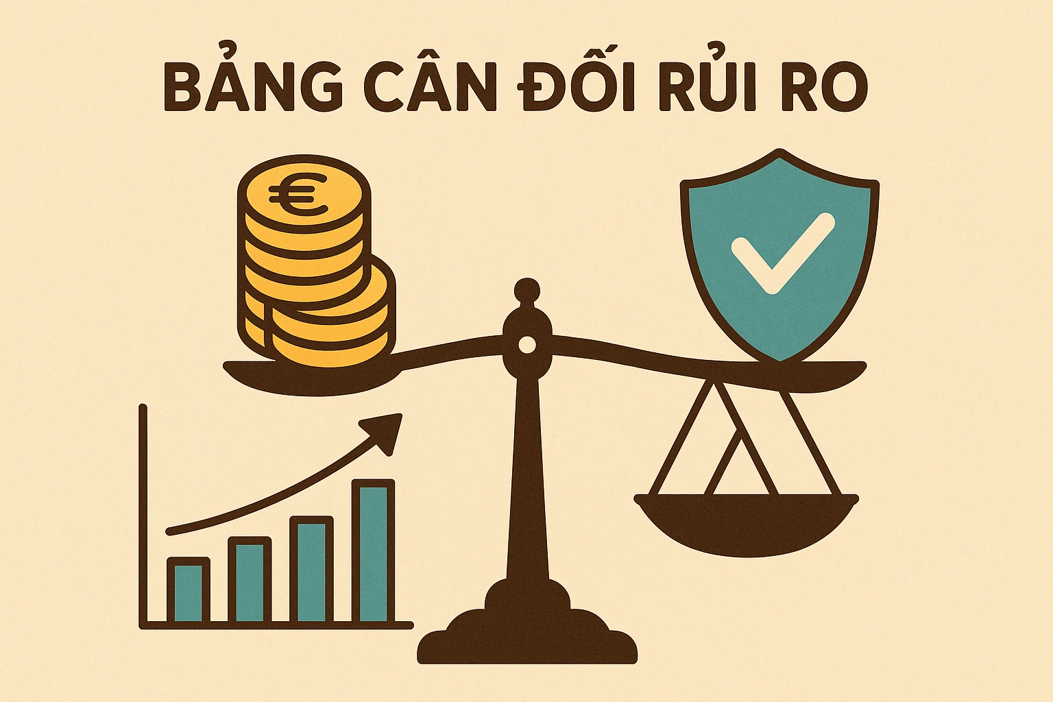 Hình minh họa một bảng cân đối rủi ro với các biểu tượng tiền xu, biểu đồ tăng trưởng và chiếc cân tượng trưng cho sự cân bằng giữa đầu tư và an...