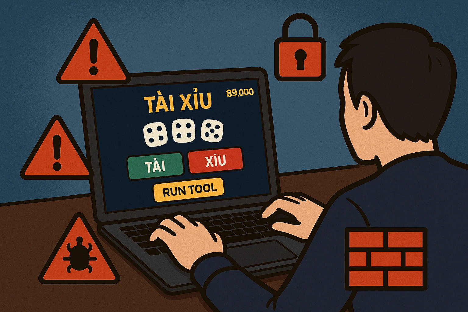 Hình ảnh mô phỏng một người chơi đang sử dụng máy tính để chạy tool tài xỉu trong giao diện trực tuyến, xung quanh là các icon cảnh báo bảo mật,...