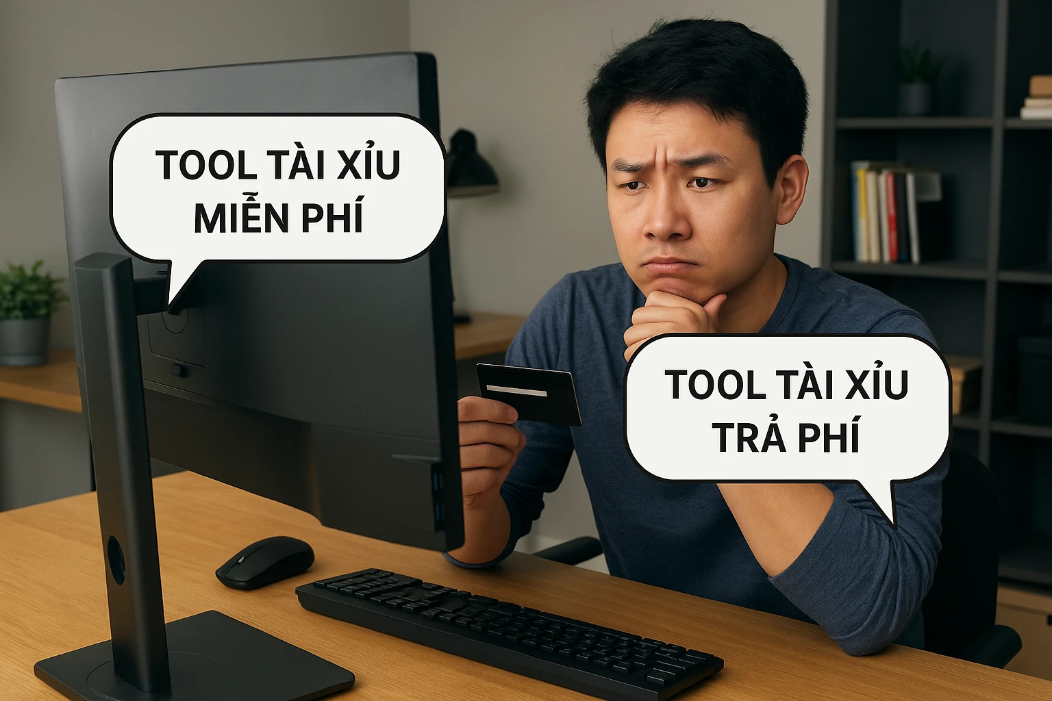 Hình ảnh một người chơi ngồi trước máy tính, tay cầm thẻ tín dụng và cân nhắc giữa hai lựa chọn Tool tài xỉu miễn phí và trả phí, gương mặt thể...