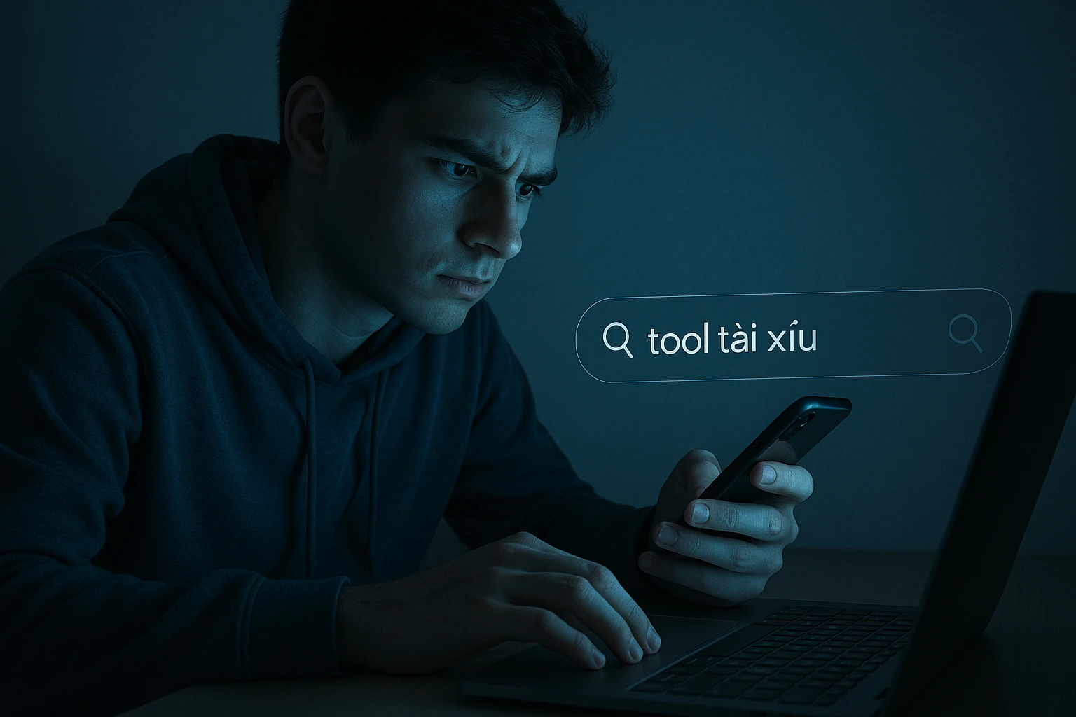 Ảnh minh họa người trẻ đang gõ tìm kiếm từ khóa 'tool tài xỉu' trên laptop hoặc điện thoại, ánh sáng xanh nhẹ, không có chữ hiển thị, thể hiện tâm...