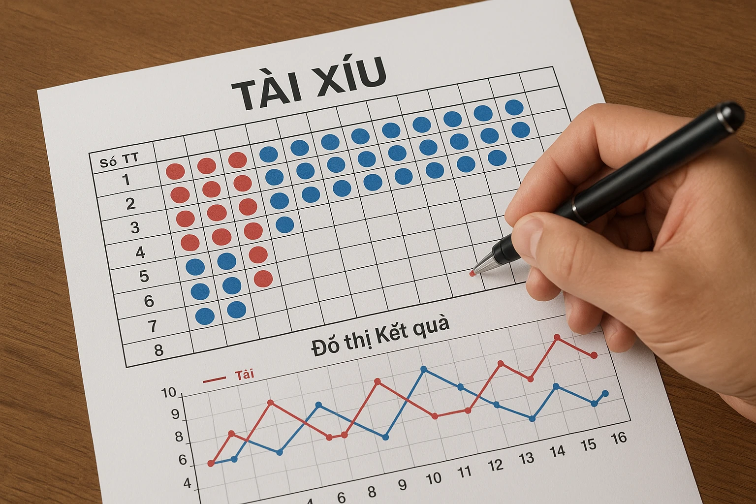 Hình ảnh bàn tay người chơi đang ghi chép và phân tích chuỗi kết quả tài xỉu trên bảng thống kê, hiển thị đồ thị biến động kết quả tài và xỉu,...
