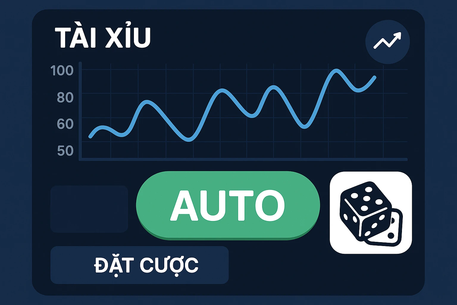 Hình minh họa giao diện phần mềm đặt cược auto tài xỉu với các tính năng cơ bản: đồ thị, nút tự động đặt cược và biểu tượng xúc xắc, thể hiện sự...