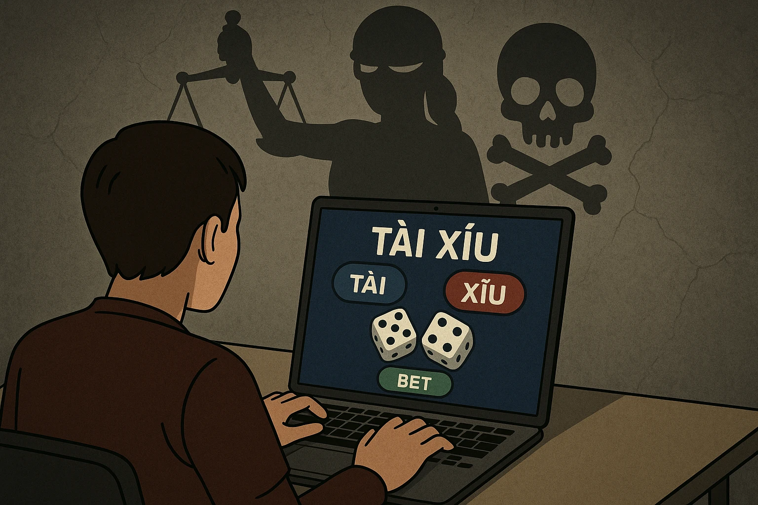 Hình ảnh minh họa cảnh một người đang sử dụng laptop với giao diện trò chơi tài xỉu, nhưng phía sau lưng xuất hiện bóng đen của pháp luật và nguy...