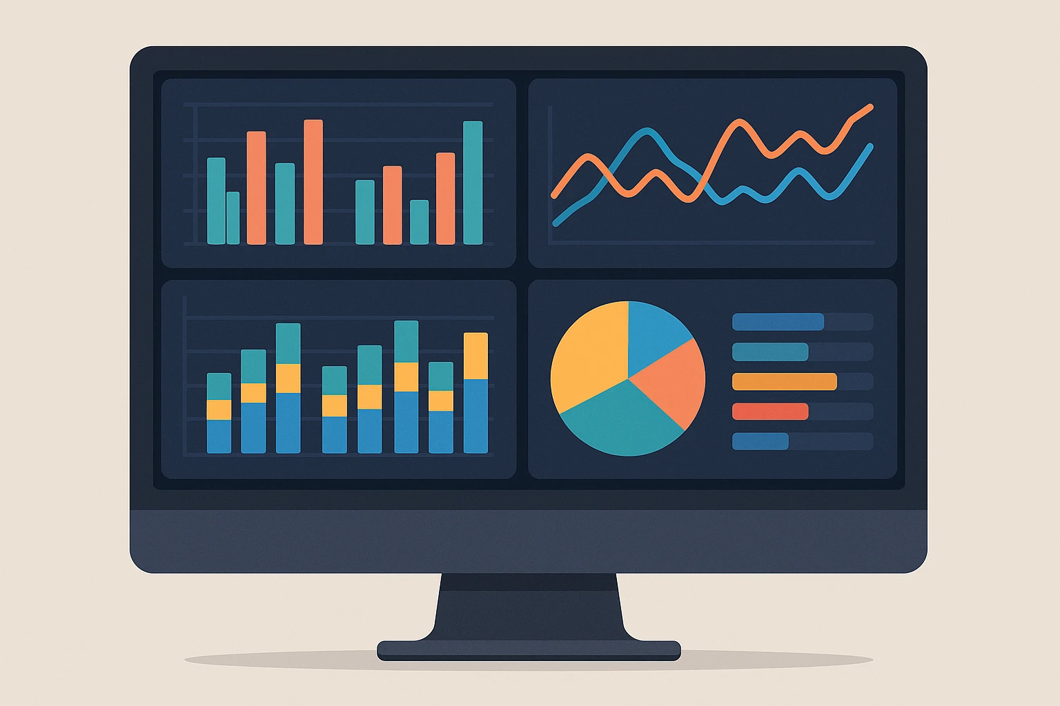Ảnh minh họa bảng dashboard dữ liệu tài xỉu trên màn hình máy tính với nhiều biểu đồ dạng cột, đường và tròn. Thiết kế hiện đại, nhiều màu sắc,...
