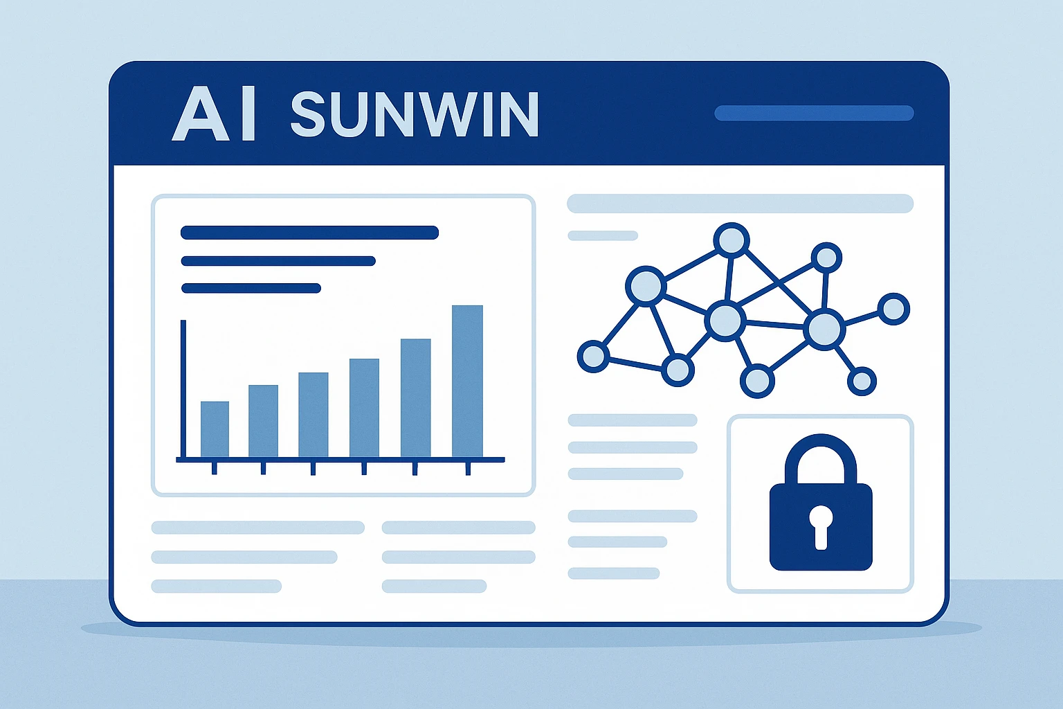 Hình ảnh mô phỏng giao diện AI Sunwin đang phân tích dữ liệu bằng biểu đồ và mạng lưới thuật toán, có biểu tượng ổ khóa thể hiện tính bảo mật cao,...