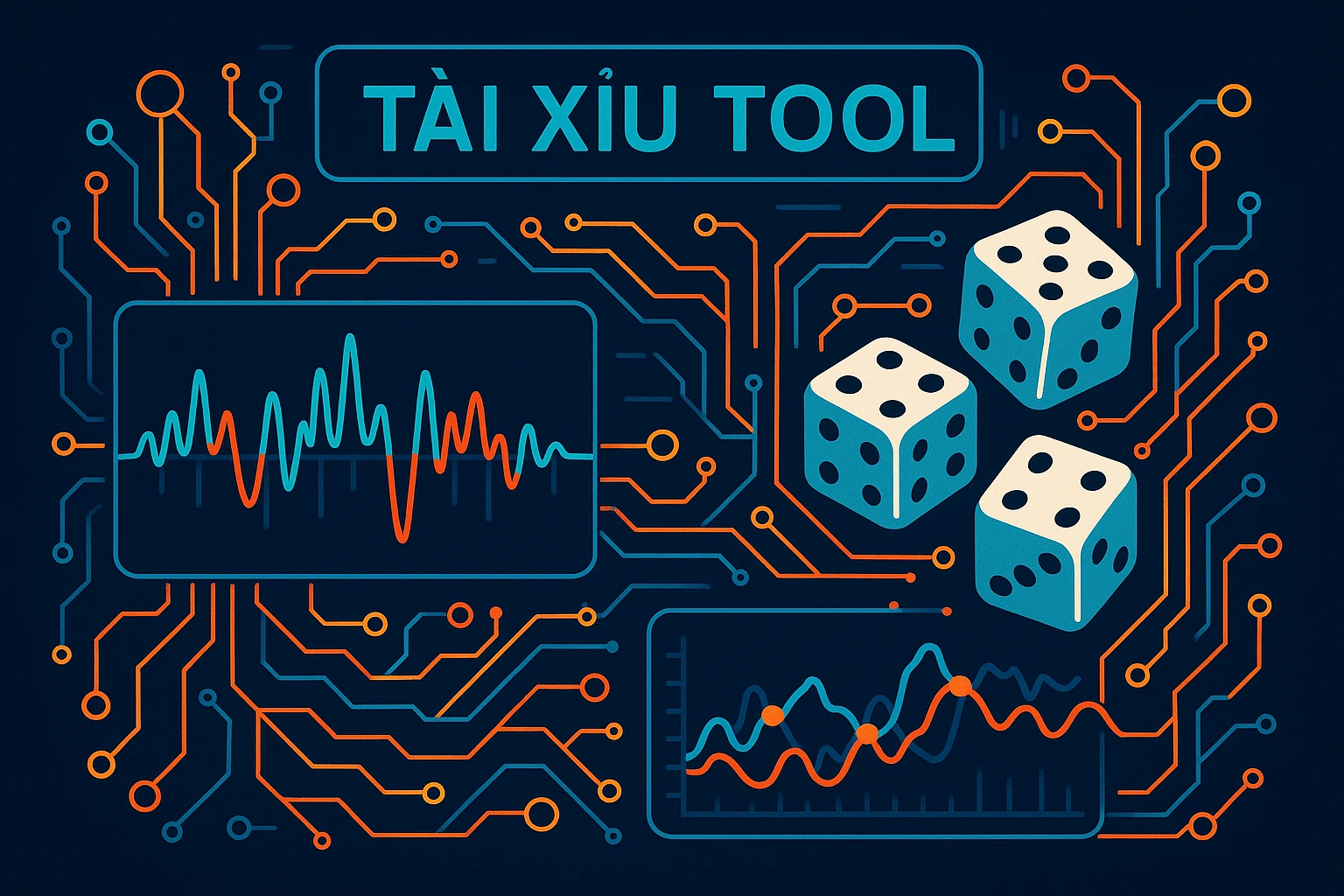 Hình minh họa mô phỏng một giao diện tool tài xỉu đang phân tích dữ liệu, với biểu đồ sóng, các con xúc xắc và nhiều đường thuật toán kết nối, thể...