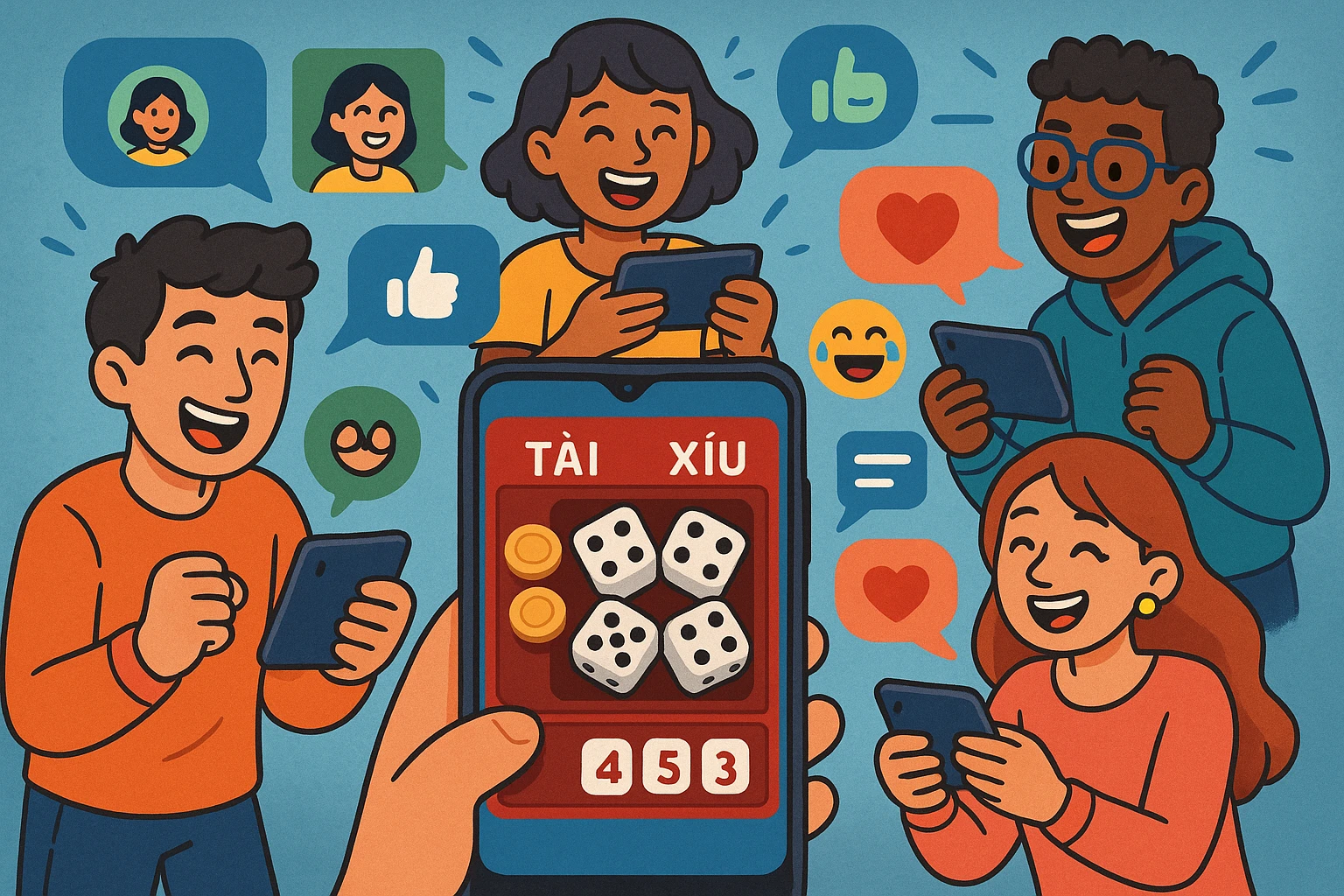 Hình ảnh minh họa nhiều người đang cùng tham gia chơi tài xỉu trực tuyến trên điện thoại, có phòng chat sôi động với avatar, icon cảm xúc, bầu...