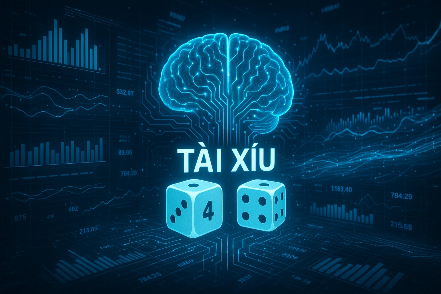 Hình minh họa AI dưới dạng một hệ thống mạng thần kinh nhân tạo đang phân tích dữ liệu tài xỉu, với các biểu đồ, số liệu và luồng dữ liệu lớn được...