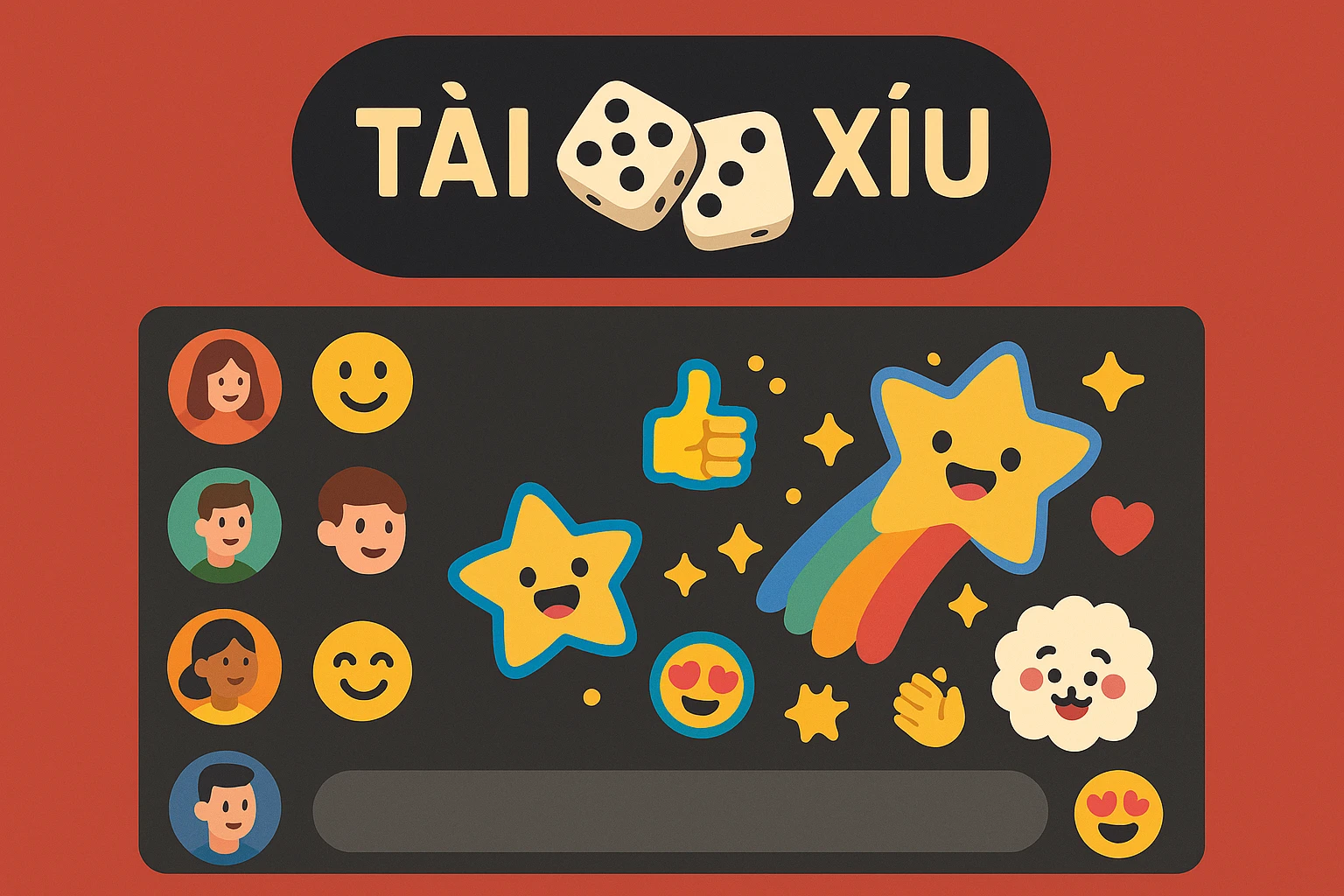 Hình minh họa một màn hình ứng dụng tài xỉu trực tuyến với giao diện phòng chat cộng đồng, có avatar, biểu tượng cảm xúc và sticker nhiều màu sắc,...