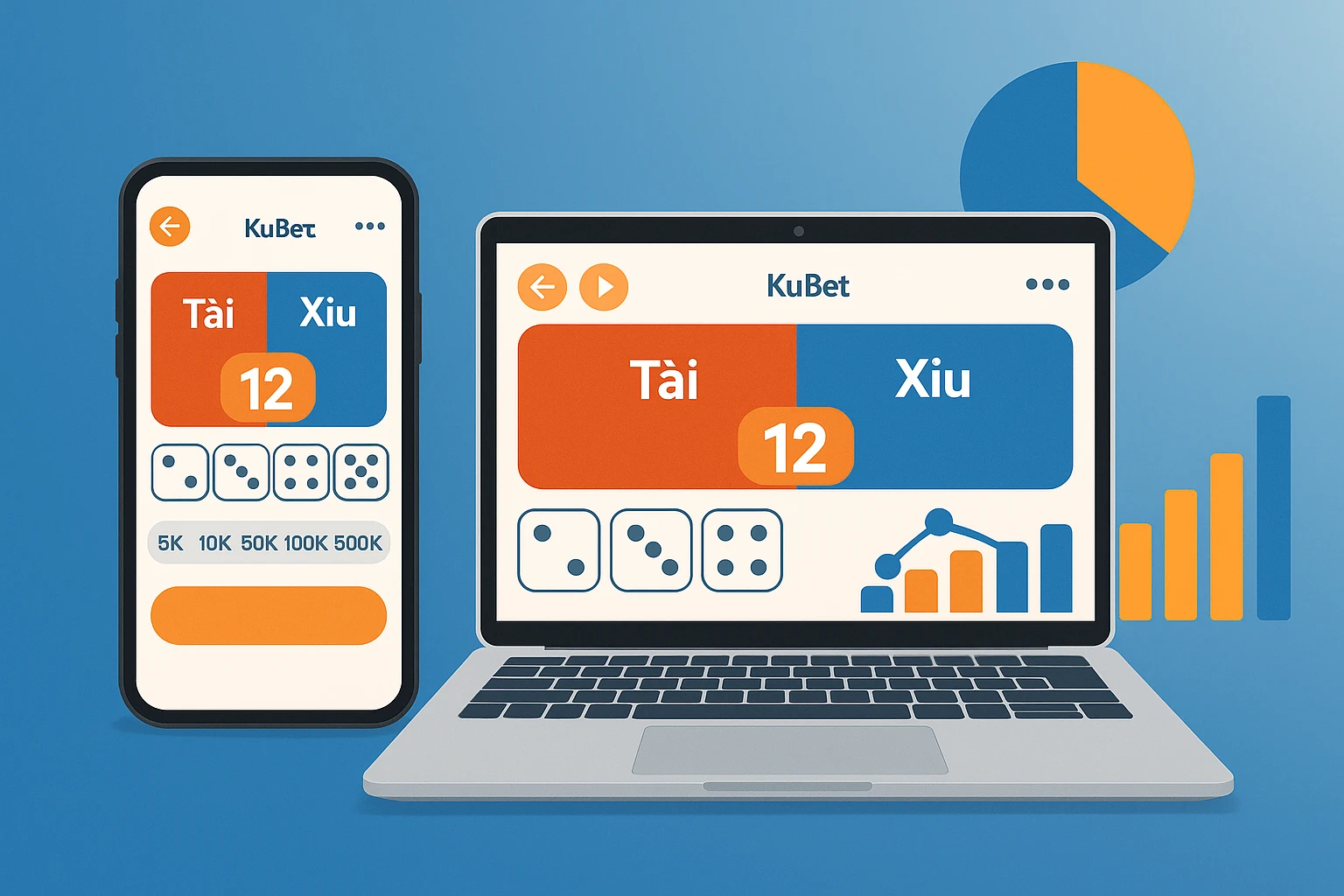 Hình ảnh minh họa ưu điểm của tool tài xỉu Kubet, thể hiện giao diện trực quan trên điện thoại và laptop, bên cạnh là hệ thống biểu đồ phân tích...