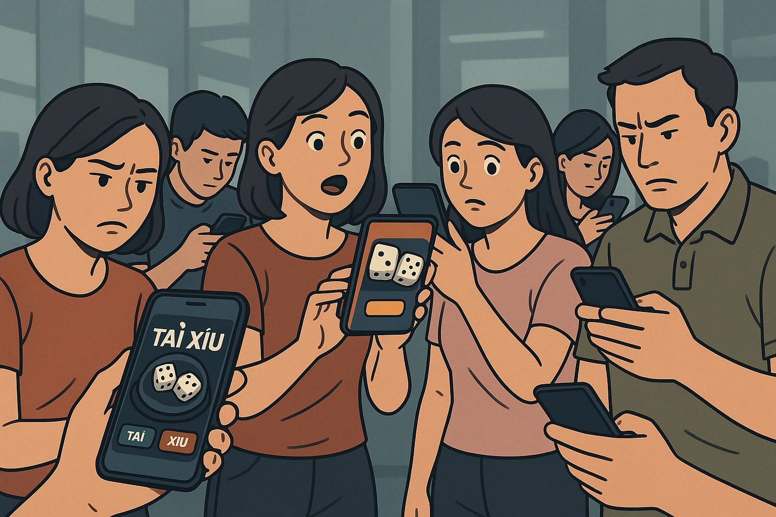 Hình minh họa nhiều người sử dụng điện thoại cùng tham gia tài xỉu online, một số đang bị thu hút bởi quảng cáo tool tài xỉu hiển thị trên màn...